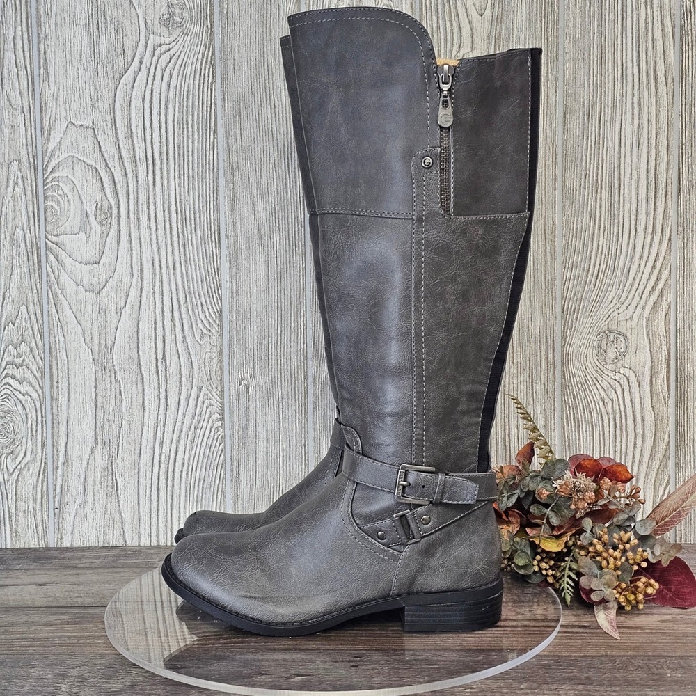 G by GUESS Tall Riding Boots Gray Faux Leather Buckle Zip Women's‎ 7.5M